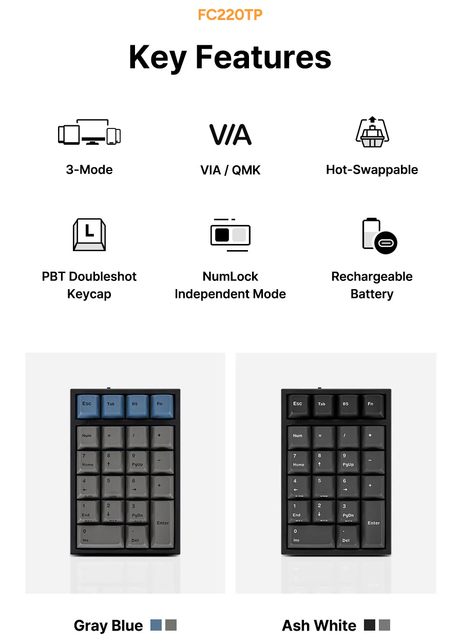 Leopold FC220TP Ash White Hotswap Wireless RGB Numpad Keyboard - Image 8