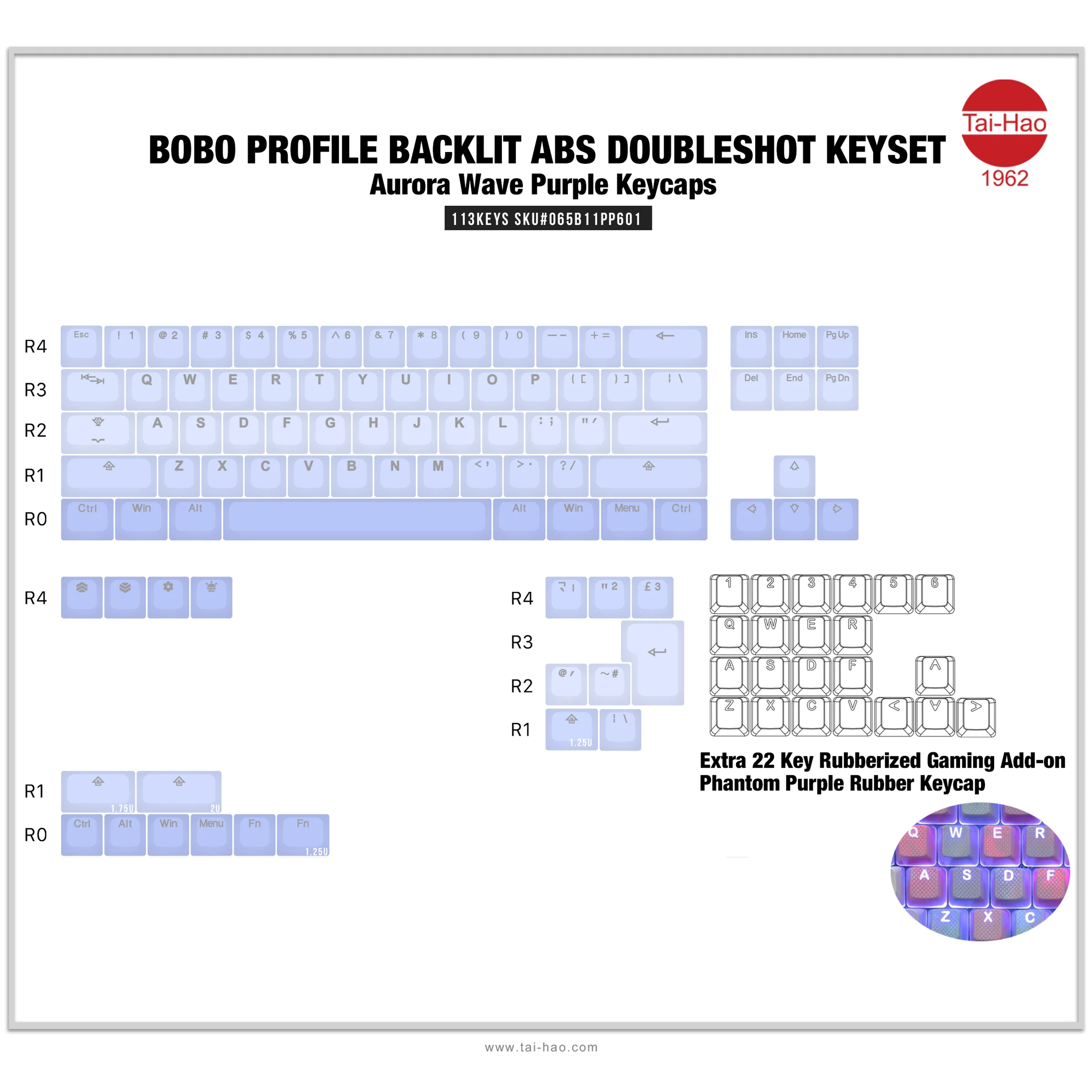 Tai-Hao Aurora Wave Purple Backlit 113 Key BOBO Profile Double Shot ABS Keycap Set